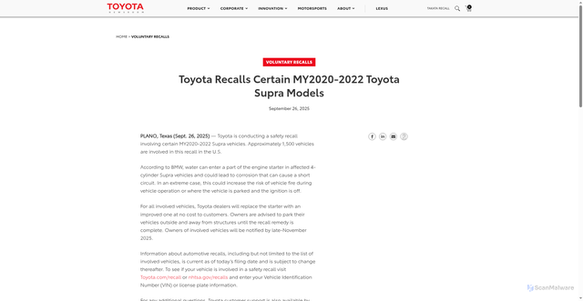 Security scan screenshot of https://pressroom.toyota.com/toyota-recalls-certain-my2020-2022-toyota-supra-models/