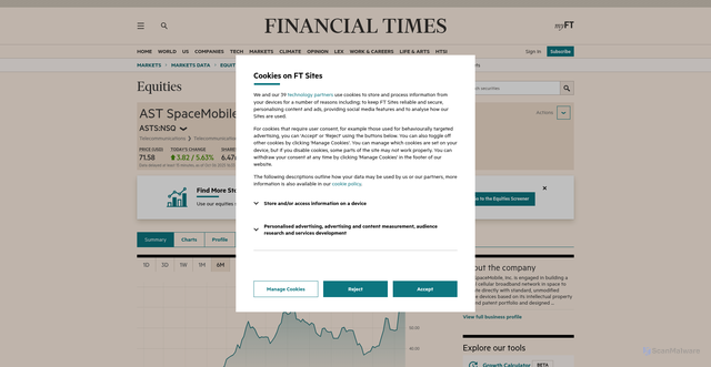 Security scan screenshot of https://markets.ft.com/data/equities/tearsheet/summary?s=ASTS%3ANSQ