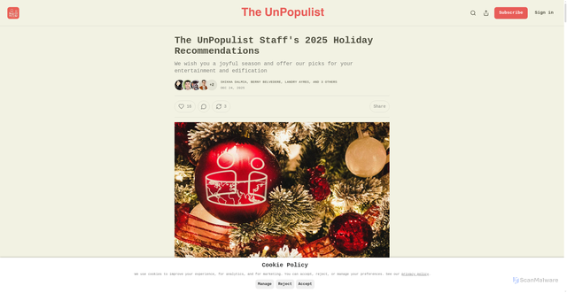 Security scan screenshot of https://www.theunpopulist.net/p/the-unpopulist-staffs-2025-holiday