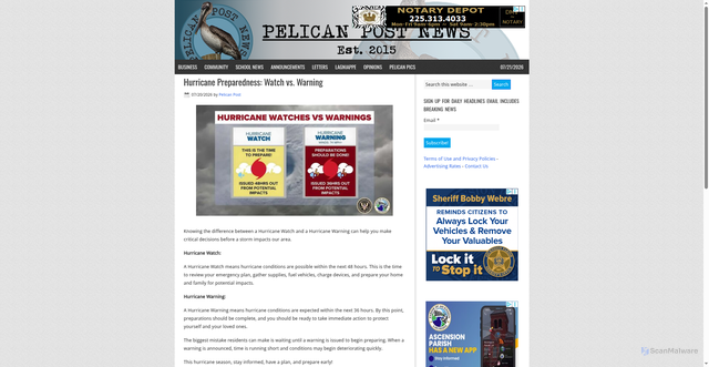 Security scan screenshot of https://pelicanpostonline.com/hurricane-preparedness-watch-vs-warning/