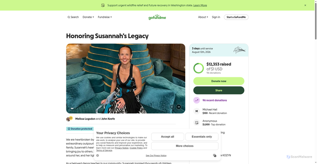 Security scan screenshot of https://gofundme.com/f/honoring-susannahs-legacy
