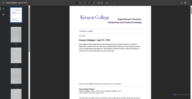 Security scan screenshot of https://digital.kenyon.edu/cgi/viewcontent.cgi?article=2519&context=collegian