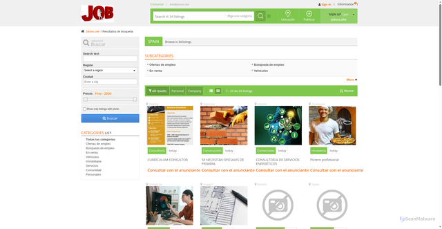 Security scan screenshot of https://jobses.site/index.php?page=search&sCategory=0&sCountry=ES