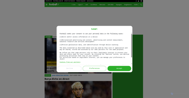 Security scan screenshot of https://www.football.fr/espagne/barca-elche-en-direct-782282.html