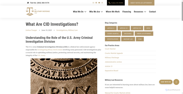 Security scan screenshot of https://themilitarydefensefirm.com/blog/cid-investigations/