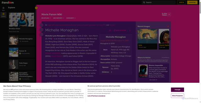 Security scan screenshot of https://moviefanfictaion.fandom.com/wiki/Michelle_Monaghan