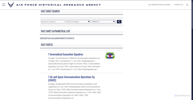 Security scan screenshot of https://www.dafhistory.af.mil/About-Us/Fact-Sheets/