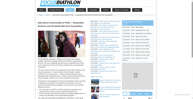 Security scan screenshot of https://focusbiathlon.com/news/item/1278-julia-simon-found-guilty-of-theft-suspended-sentence-and-six-month-ban-from-competition.html