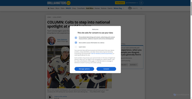 Security scan screenshot of https://www.orilliamatters.com/local-sports/column-colts-to-step-into-national-spotlight-at-world-juniors-11668981