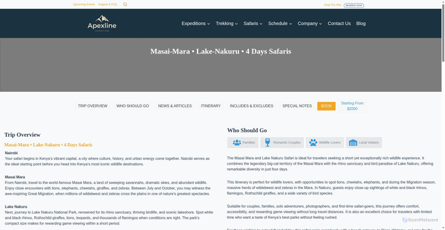 Security scan screenshot of https://apexlineexpeditions.com/masai-mara-lake-nakuru-4-days-safaris/
