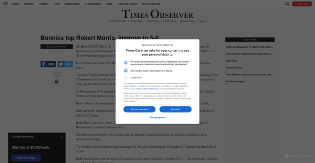 Security scan screenshot of https://www.timesobserver.com/sports/local-sports/2025/11/bonnies-top-robert-morris-improve-to-5-0/