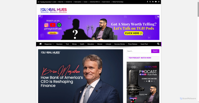 Security scan screenshot of https://theglobalhues.com/brian-moynihan-how-bank-of-americas-ceo-is-reshaping-finance/