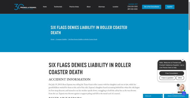 Security scan screenshot of https://frenkelfirm.com/blog/six-flags-denies-liability-in-roller-coaster-death/