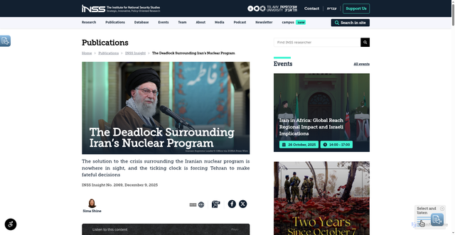 Security scan screenshot of https://www.inss.org.il/publication/nuclear-iran-2025/