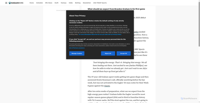 Security scan screenshot of https://theeagleswire.usatoday.com/story/sports/nfl/eagles/2025/11/10/eagles-news-brandon-graham-comeback-retirment/87194570007/