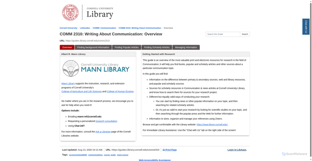 Security scan screenshot of https://guides.library.cornell.edu/comm2310