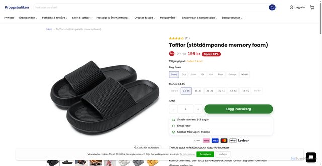 Security scan screenshot of https://kroppsbutiken.se/products/tofflor-stotdampande-memory-foam?utm_source=Klaviyo&utm_medium=email&_kx=u2HszHdrGL0ko1AOBaw8Hz_zGjMiRUOnyG-u68ldHJo.V2UBpU
