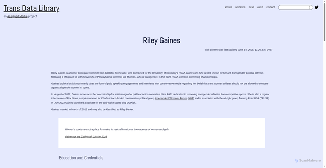 Security scan screenshot of https://transdatalibrary.org/person/riley-gaines/