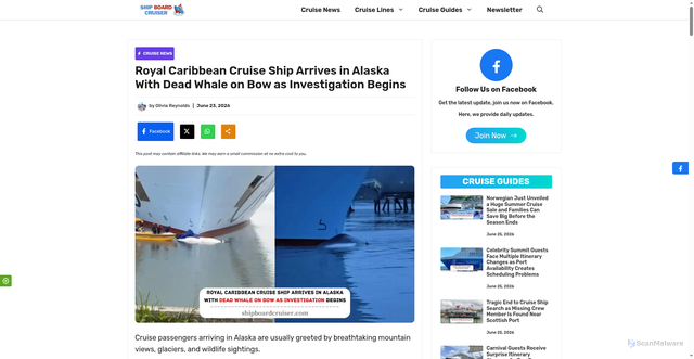 Security scan screenshot of https://shipboardcruiser.com/royal-caribbean-ship-arrives-in-alaska-with-dead-whale-on-bow/