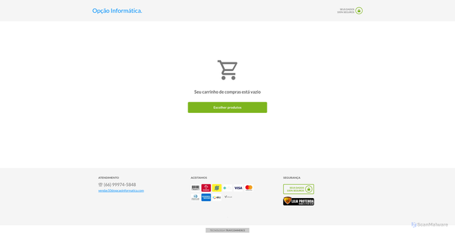 Security scan screenshot of https://ecommerce.opcaoinformatica.com/loja/redirect_cart_service.php?loja=1415586