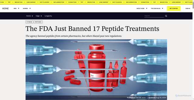 Security scan screenshot of https://honehealth.com/edge/fda-peptide-ban/?srsltid=AfmBOorEu9CBJc3BdOwfRfrJkHAIMzN7iJ7KAdJyukUH7wMqtjeB3z1q