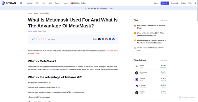 Security scan screenshot of https://bitkan.com/learn/what-is-metamask-used-for-and-what-is-the-advantage-of-metamask-6578