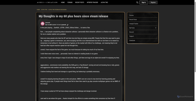 Security scan screenshot of https://forums.ashesofcreation.com/discussion/69485/my-thoughts-in-my-60-plus-hours-since-steam-release