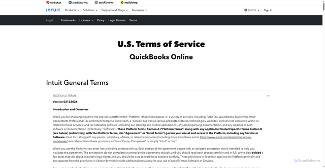 Security scan screenshot of https://glam.app.intuit.com/app/guesttos?glocale=en_US
