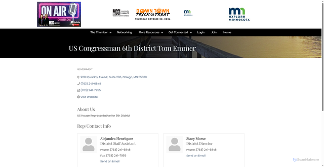 Security scan screenshot of https://business.monticellocci.com/list/member/us-congressman-6th-district-tom-emmer-1719