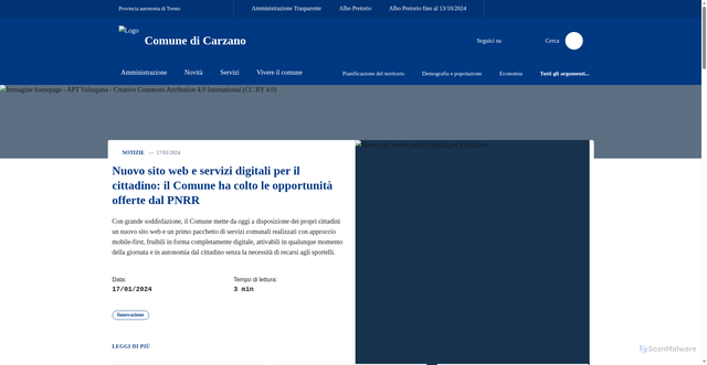 Security scan screenshot of https://www.comune.carzano.tn.it/