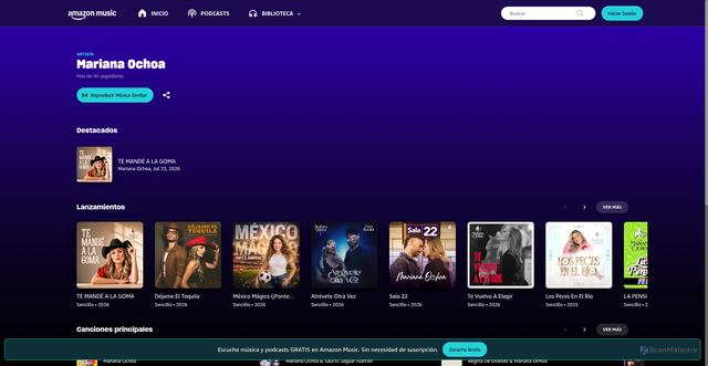 Security scan screenshot of https://music.amazon.com.mx/artists/B000SZFVUQ/mariana-ochoa
