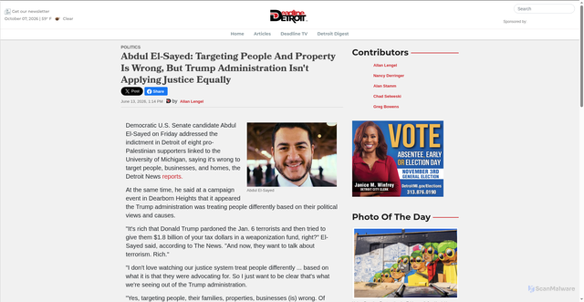 Security scan screenshot of https://deadlinedetroit.com/articles/34689/abdul_el-sayed_targeting_people_and_property_is_wrong_but_trump_administration_isn_t_applying_justice_equally