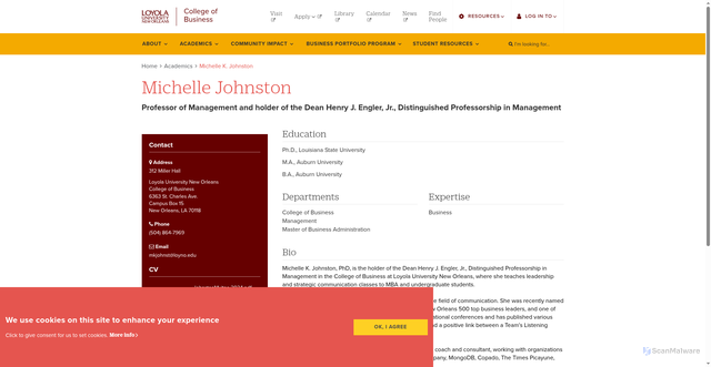Security scan screenshot of https://business.loyno.edu/academics/faculty-and-staff-directory/michelle-k-johnston