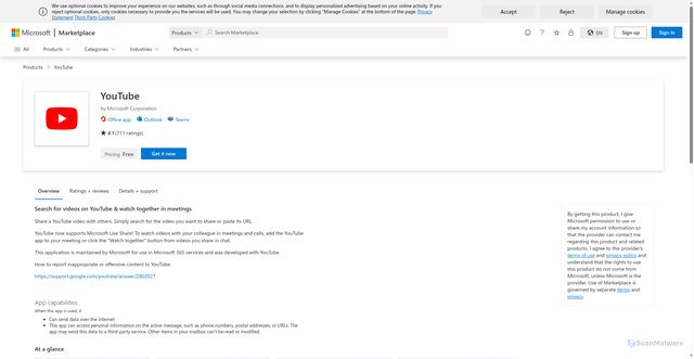 Security scan screenshot of https://marketplace.microsoft.com/en-us/product/office/wa200005408?tab=overview