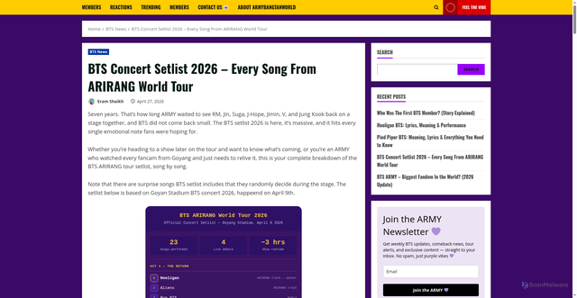 Security scan screenshot of https://armybangtanworld.com/bts-concert-setlist/
