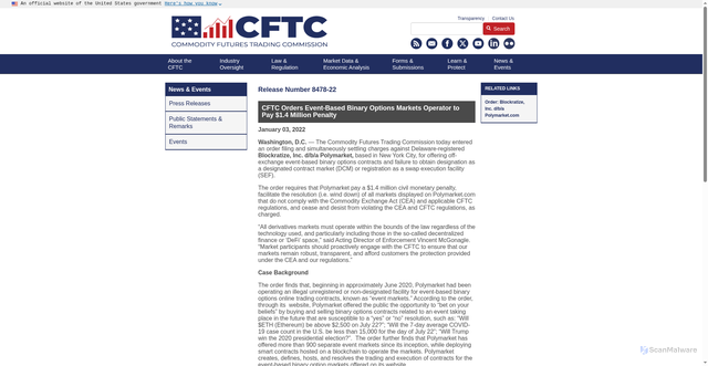 Security scan screenshot of https://www.cftc.gov/PressRoom/PressReleases/8478-22