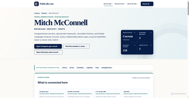 Security scan screenshot of https://www.politically.com/congress/members/M000355/mitch-mcconnell/