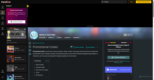Security scan screenshot of https://world-zero.fandom.com/wiki/Promotional_Codes