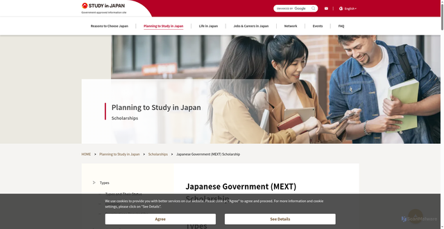 Security scan screenshot of https://www.studyinjapan.go.jp/en/planning/scholarships/mext-scholarships/