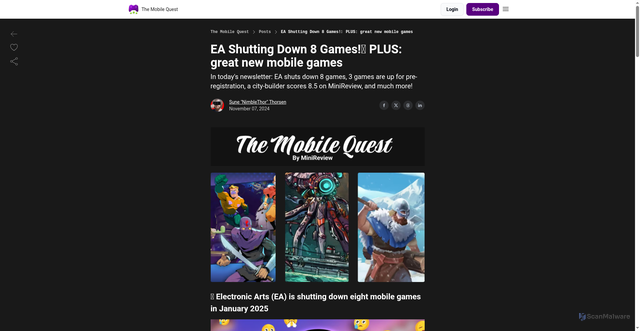 Security scan screenshot of https://news.minireview.io/p/ea-shuts-down-8-games