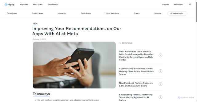 Security scan screenshot of https://about.fb.com/news/2025/10/improving-your-recommendations-apps-ai-meta/