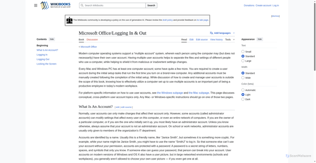 Security scan screenshot of https://href.li/?https://en.wikibooks.org/wiki/Microsoft_Office/Logging_In_%26_Out