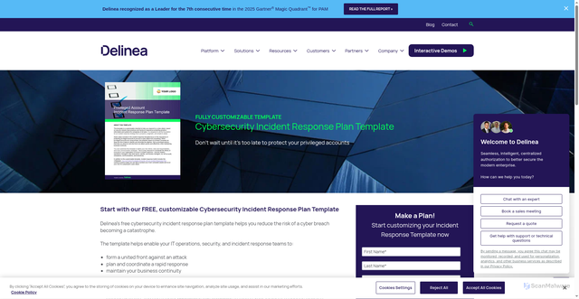 Security scan screenshot of https://delinea.com/resources/free-incident-response-plan-template
