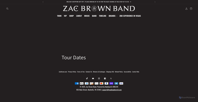 Security scan screenshot of https://zacbrownband.com/pages/tour-dates?srsltid=AfmBOooqrpdK6g0BMpLLe0Zx-zUGE0BE_0ZxLeLKwiHIcPQOdnTNskqk