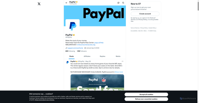 Security scan screenshot of https://x.com/PayPal?v=1%2C0.1&utm_source=unp&utm_medium=email&utm_campaign=RT002668&utm_unptid=57a3e51b-656f-11f1-974e-f9fd81e766af&ppid=RT002668&cnac=NO&rsta=no_NO%28nb-NO%29&unptid=57a3e51b-656f-11f1-974e-f9fd81e766af&calc=db08ead0fda31&unp_tpcid=legal-tickler-notifications&page=main%3Aemail%3ART002668&pgrp=main%3Aemail&e=re&mchn=em&s=ci&mail=sys&appVersion=1.417.0&tenant_name=PayPal&xt=175543%2C104038%2C180658&xe=114002%2C101255%2C114543&link_ref=twitter.com_paypal