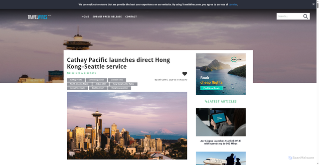 Security scan screenshot of https://www.travelwires.com/cathay-pacific-launches-direct-hong-kong-seattle-service