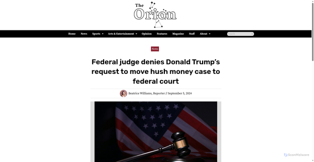 Security scan screenshot of https://theorion.com/100757/news/federal-judge-denies-donald-trumps-request-to-move-hush-money-case-to-federal-court/