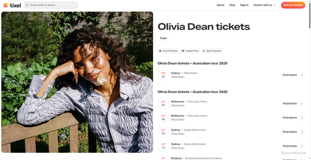 Security scan screenshot of https://tixel.com/au/music-tickets/olivia-dean