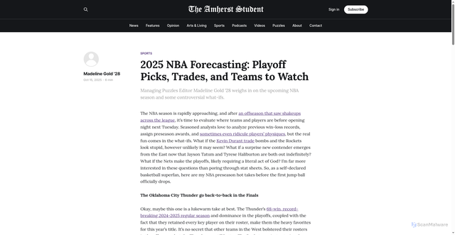 Security scan screenshot of https://amherststudent.com/article/2025-nba-forecasting-playoff-picks-trades-and-teams-to-watch/