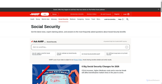 Security scan screenshot of https://www.aarp.org/retirement/social-security/